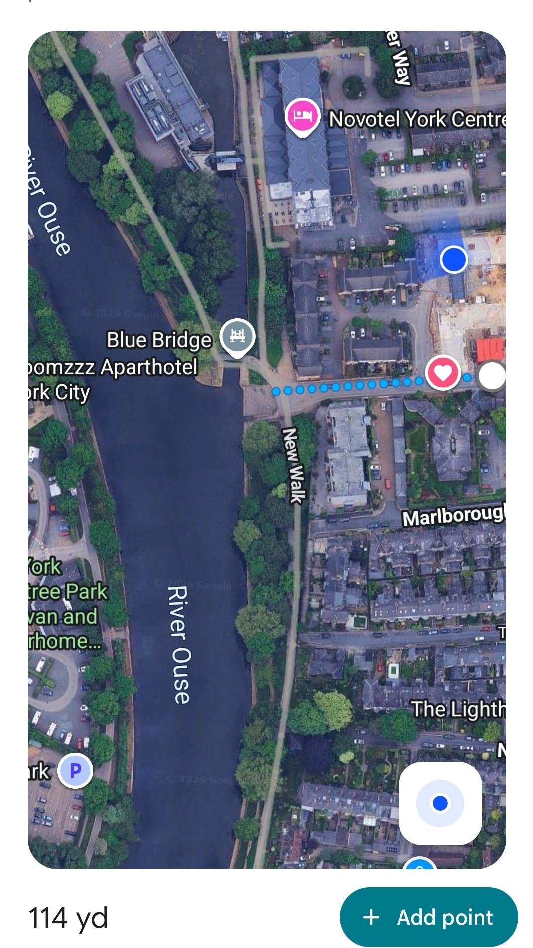 Google Maps distance measurement, 114 yards